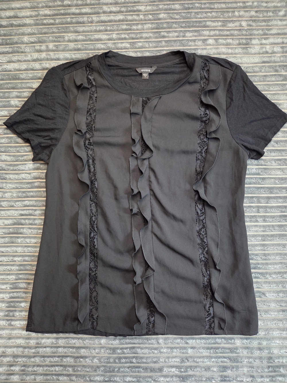 GUESS Black Short Sleeve Ruffle & Lace Front Tee